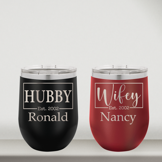 Personalized Husband and Wife Wine Tumblers Set of 2 For Mr and Mrs, Couples, Custom 12oz Cups, Laser Engraved Stainless Steel (Copy)