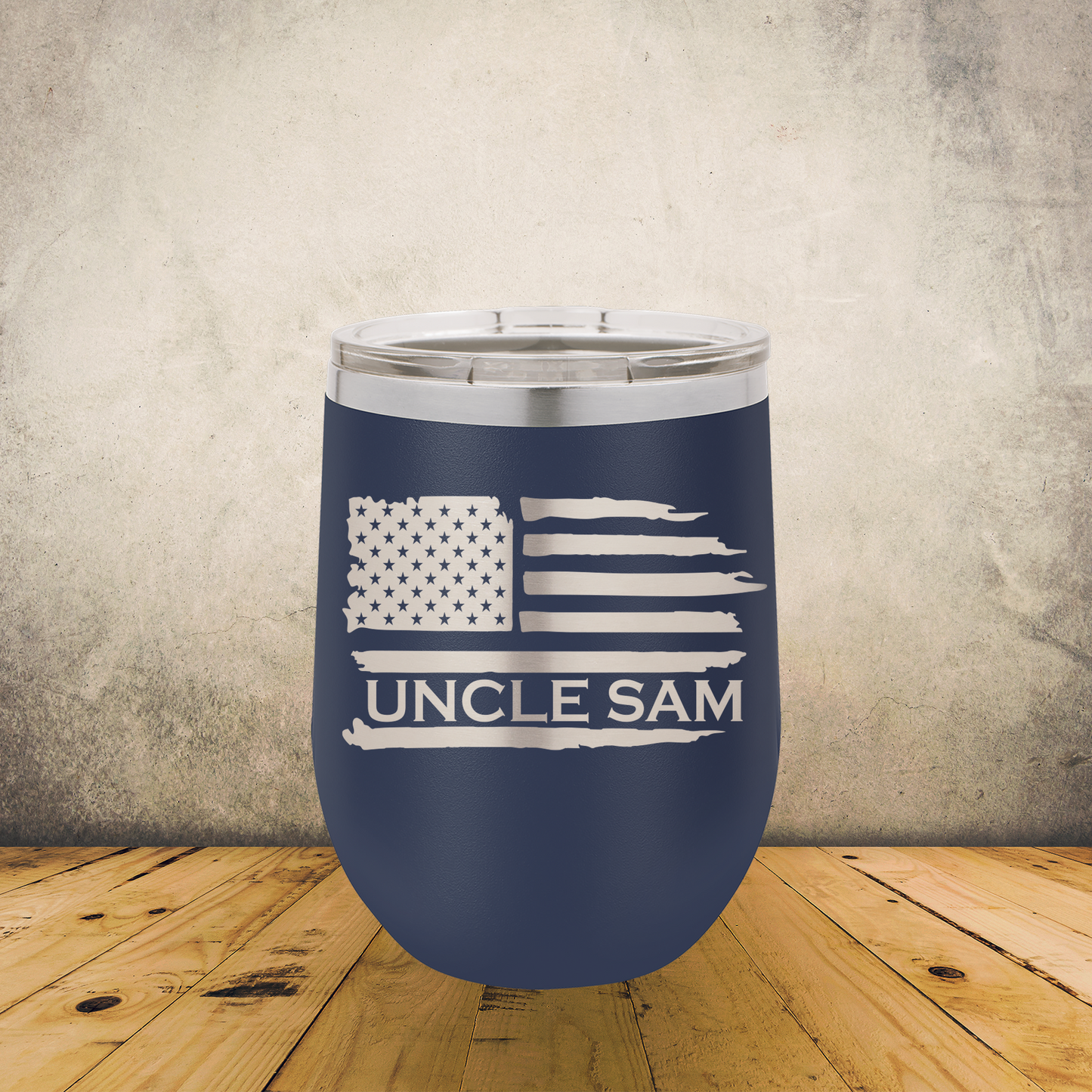 Personalized Tattered American Flag Wine Tumbler 12oz Stainless Steel Cup, Custom Laser Engraved Patriotic USA Cup