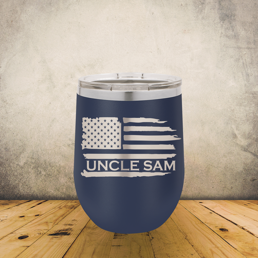 Personalized Tattered American Flag Wine Tumbler 12oz Stainless Steel Cup, Custom Laser Engraved Patriotic USA Cup