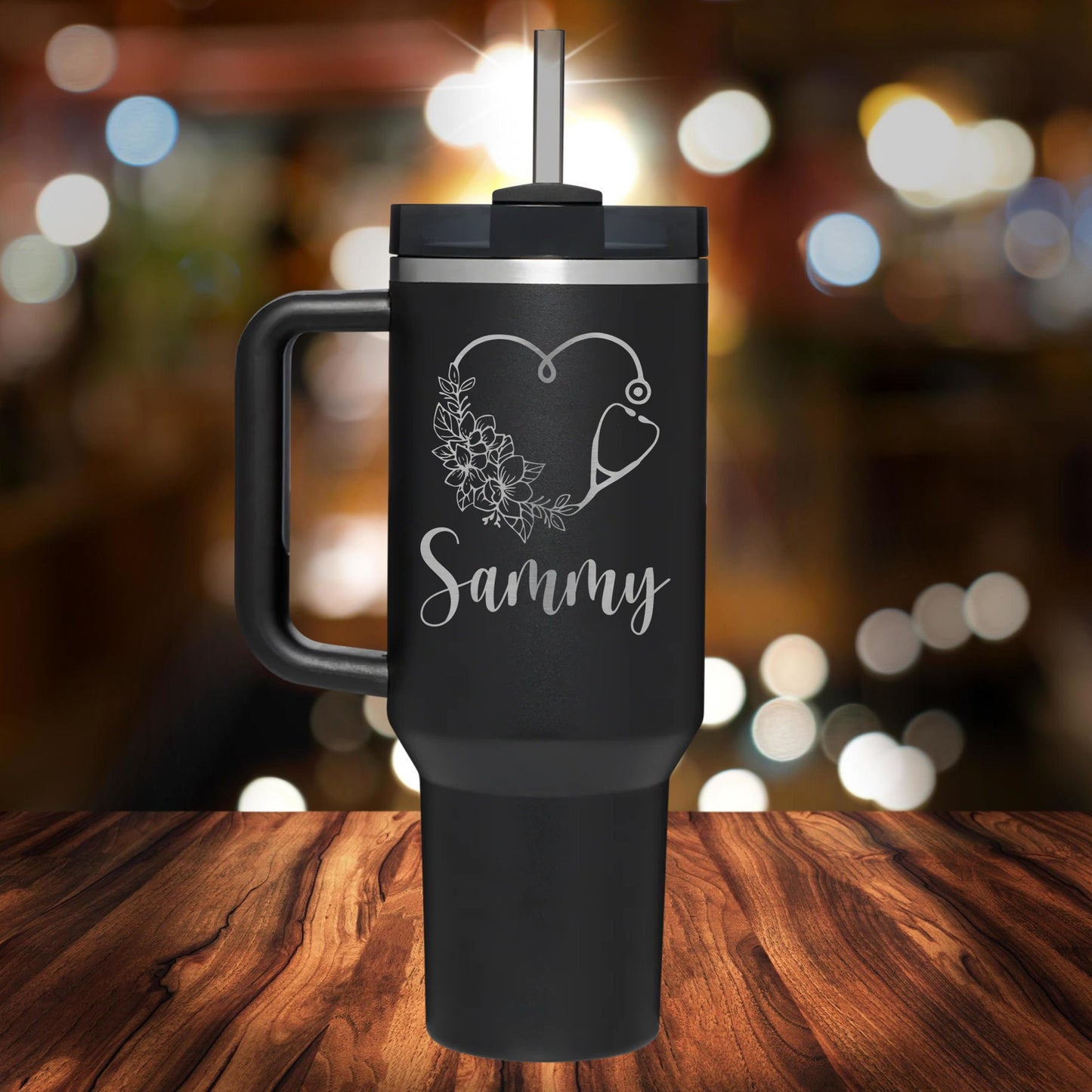 Personalized Nurse Floral Stethoscope Heart Handle Tumbler - Laser Engraved