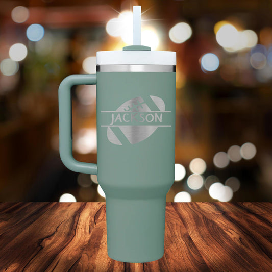 Personalized Football Split Monogram Handle Tumbler - Laser Engraved