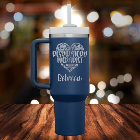 Personalized Respiratory Therapist Heart Handle Tumbler - Laser Engraved