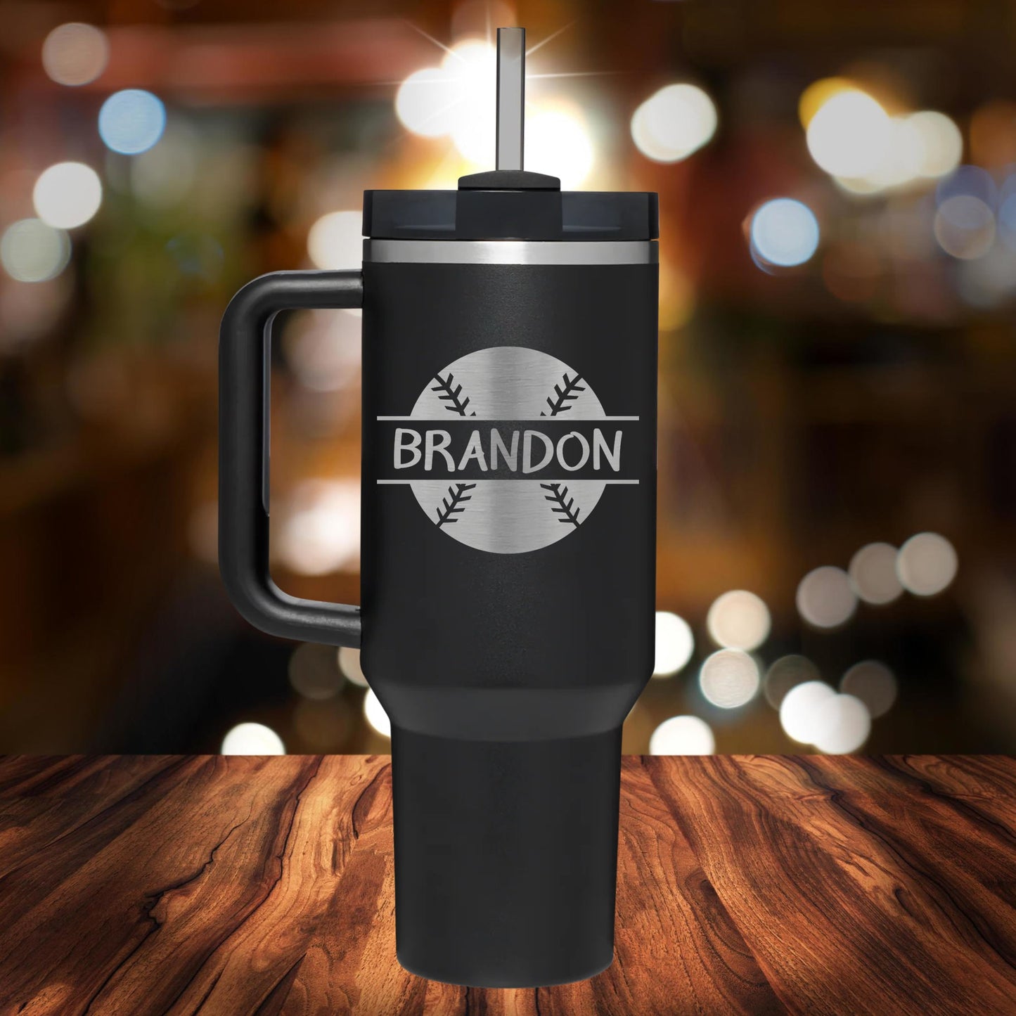 Personalized Baseball Split Monogram Handle Tumbler - Laser Engraved