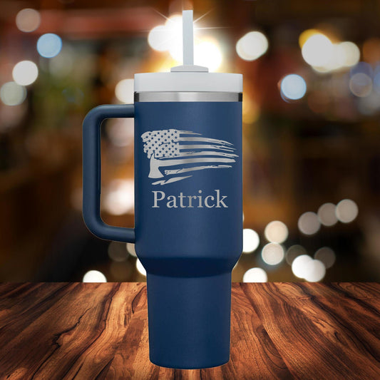 Personalized Firefighter Distressed American Flag Handle Tumbler - Laser Engraved