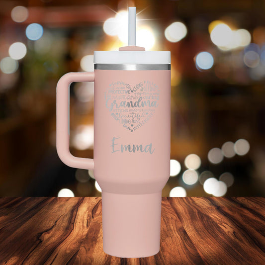 Personalized Grandma Heart Handle Tumbler - Laser Engraved