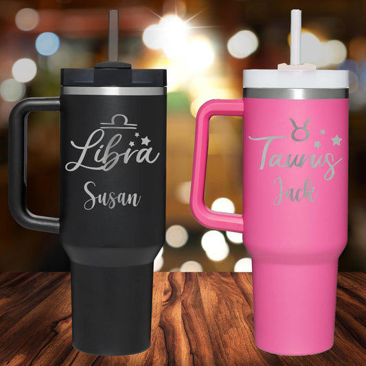 Personalized Zodiac Birth Signs Handle Tumbler - Laser Engraved