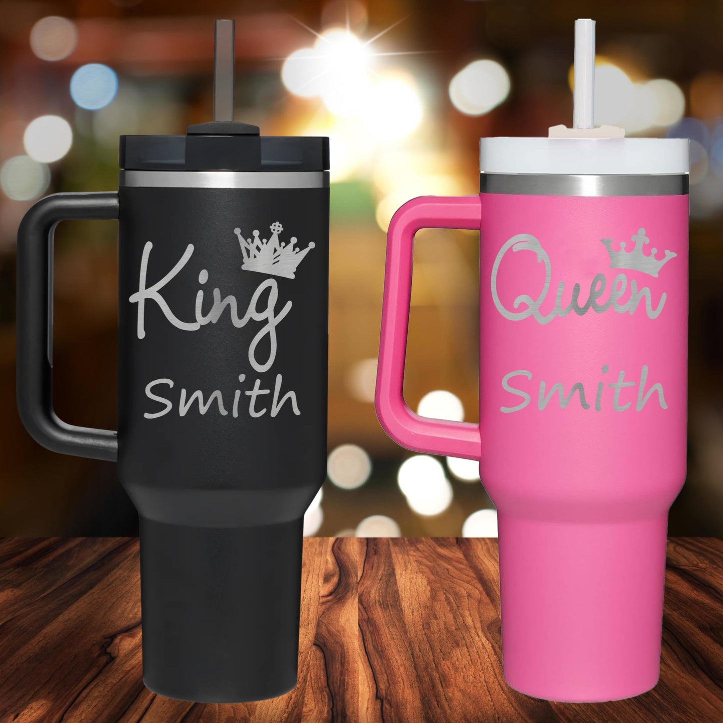 Personalized King and Queen Handle Tumbler - Laser Engraved