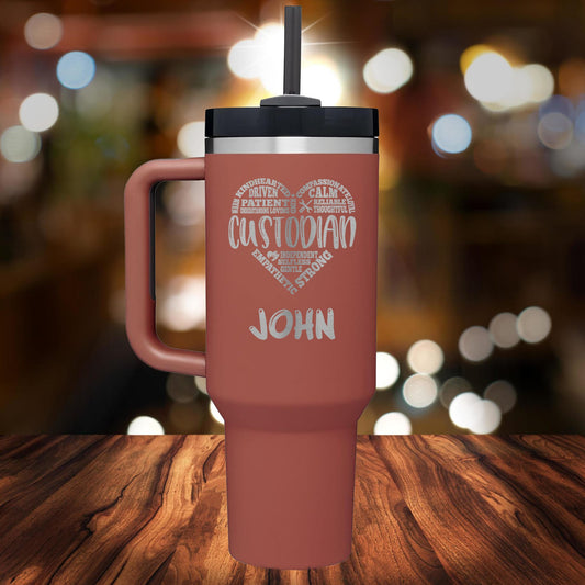 Personalized Custodian Heart Handle Tumbler - Laser Engraved