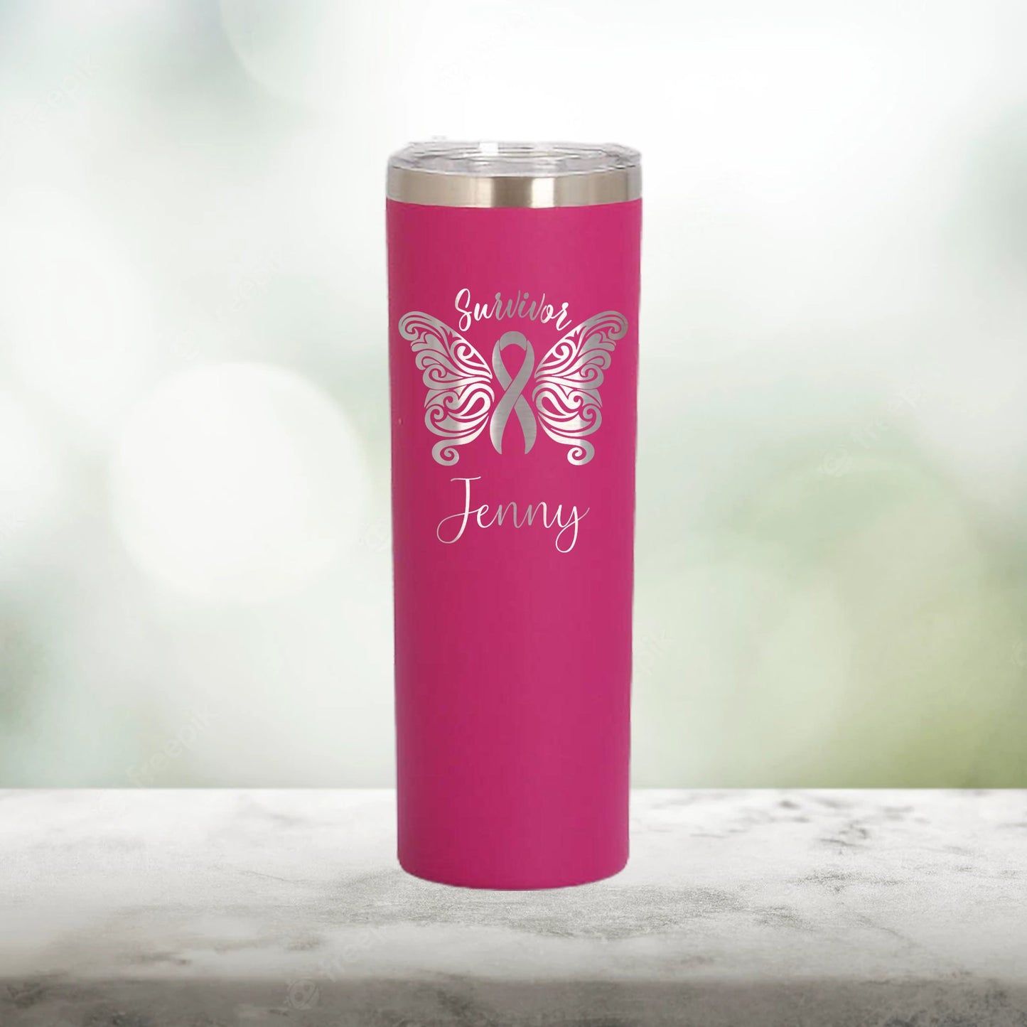 Personalized Cancer Butterfly Skinny Tumbler - Laser Engraved