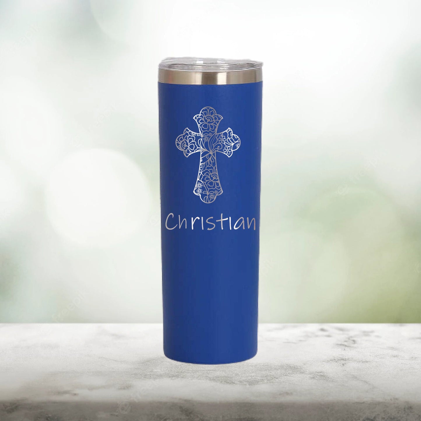 Personalized Floral Christian Cross Skinny Tumbler - Laser Engraved