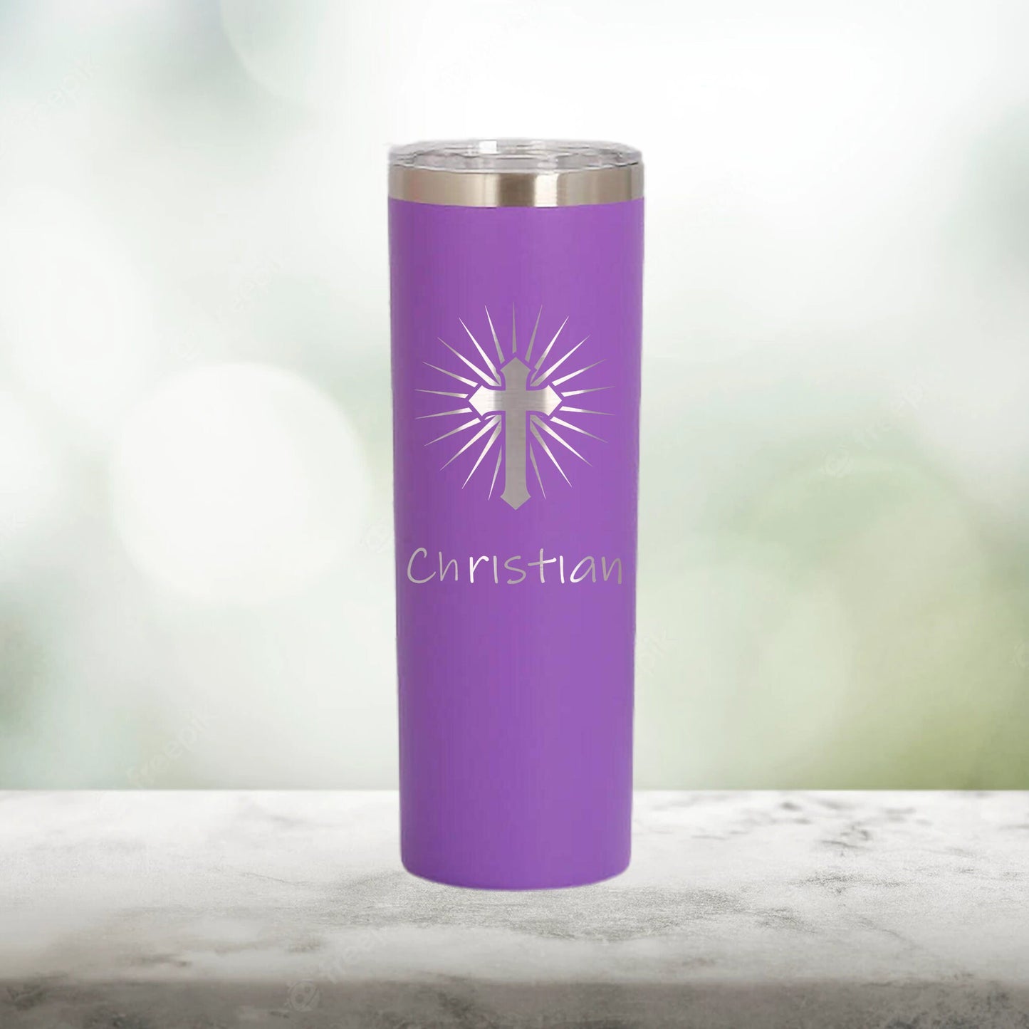 Personalized Christian Cross Skinny Tumbler - Laser Engraved