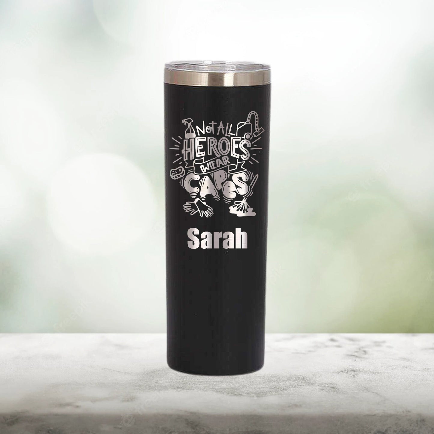 Personalized Not All Heroes Wear Capes Janitor Skinny Tumbler - Laser Engraved