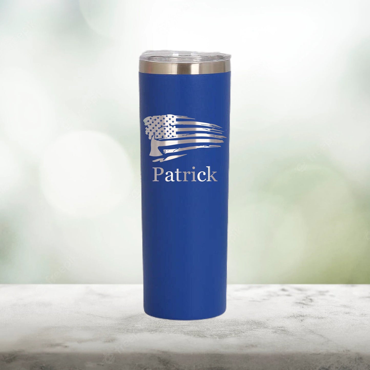 Personalized Firefighter American Flag Skinny Tumbler - Laser Engraved