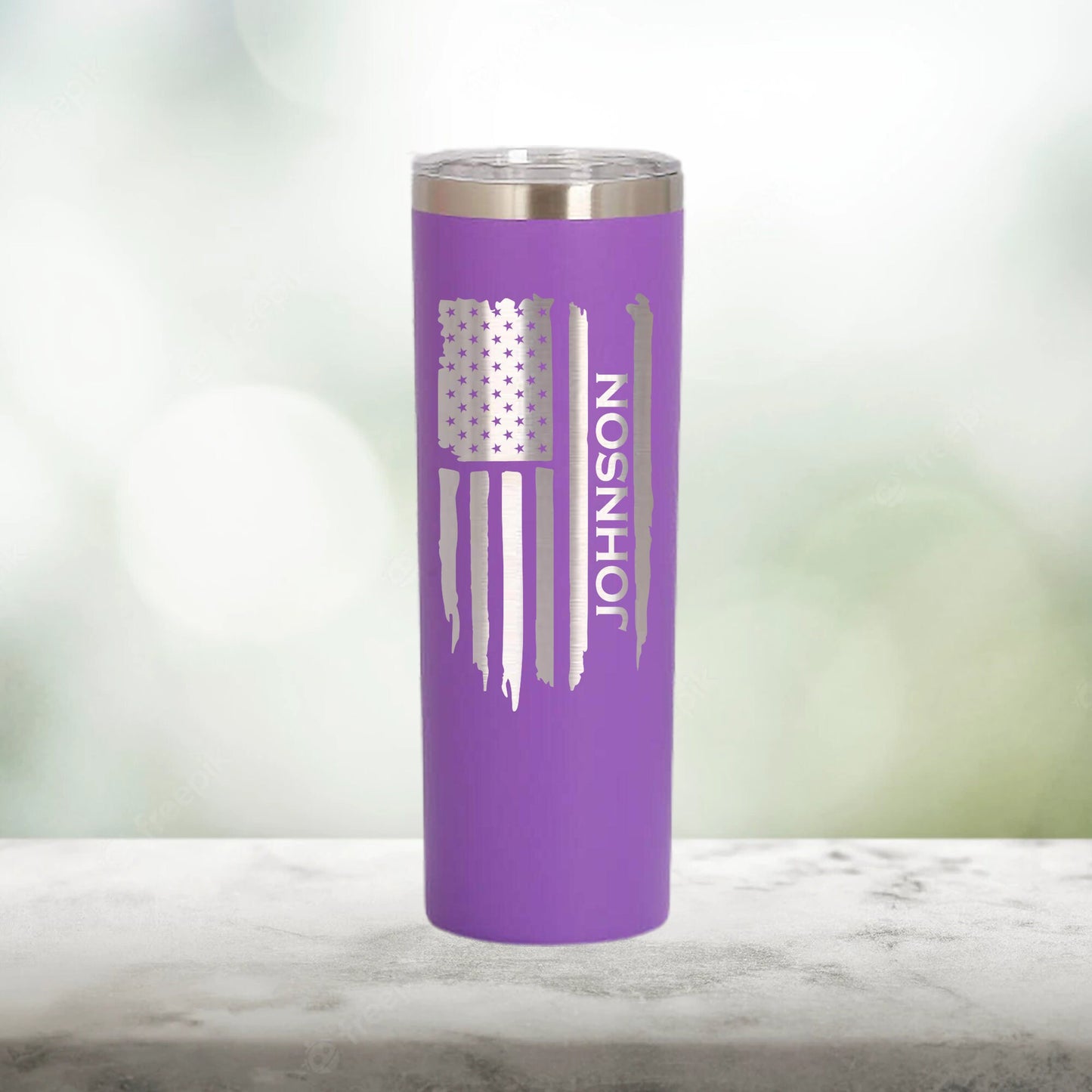 Personalized Long American Flag Skinny Tumbler - Laser Engraved