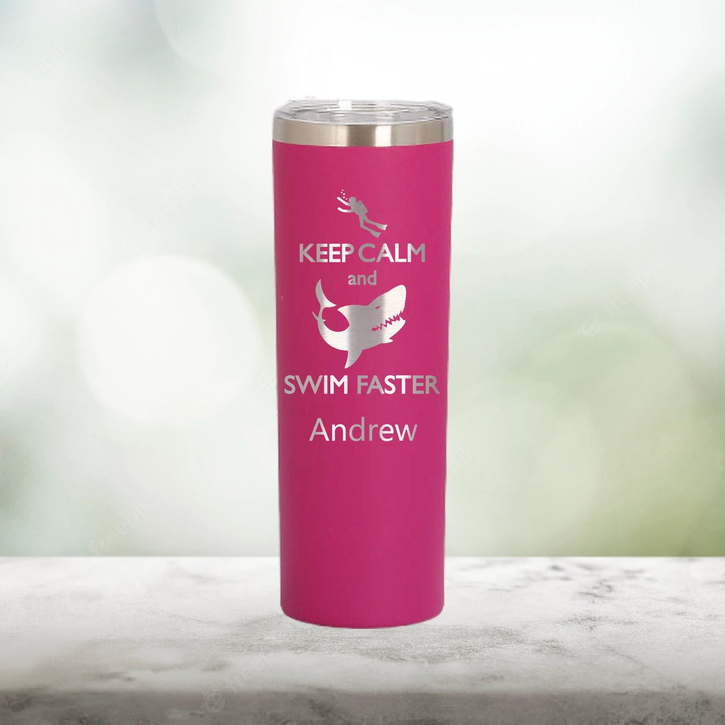 Personalized Lifeguard Keep Calm and Swim Faster Skinny Tumbler - Laser Engraved