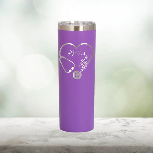 Personalized Medical Assistant Stethoscope Heart Skinny Tumbler - Laser Engraved