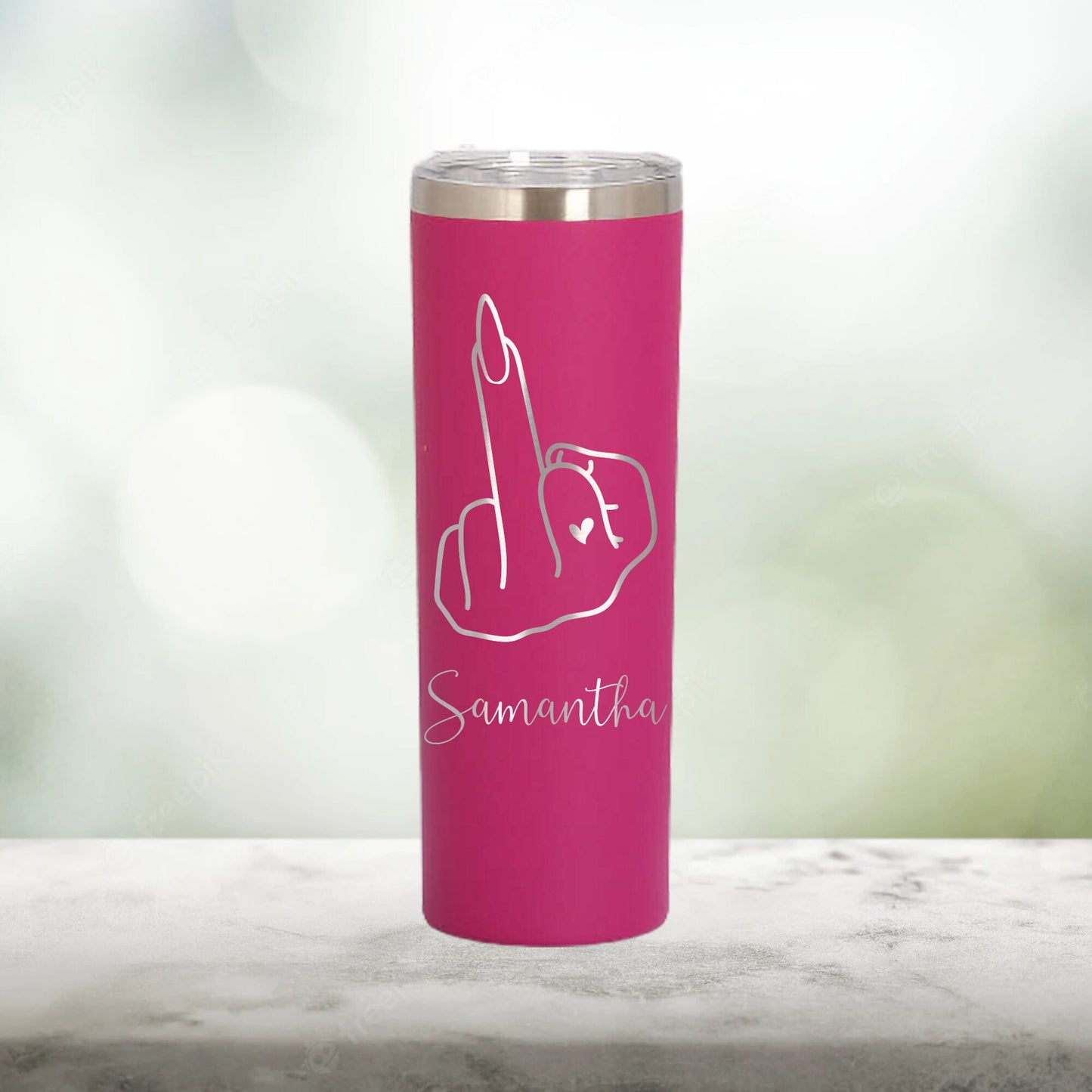 Personalized Nail Middle Finger Skinny Tumbler - Laser Engraved