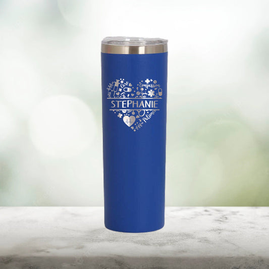 Personalized Nurse Split Heart Monogram Skinny Tumbler - Laser Engraved