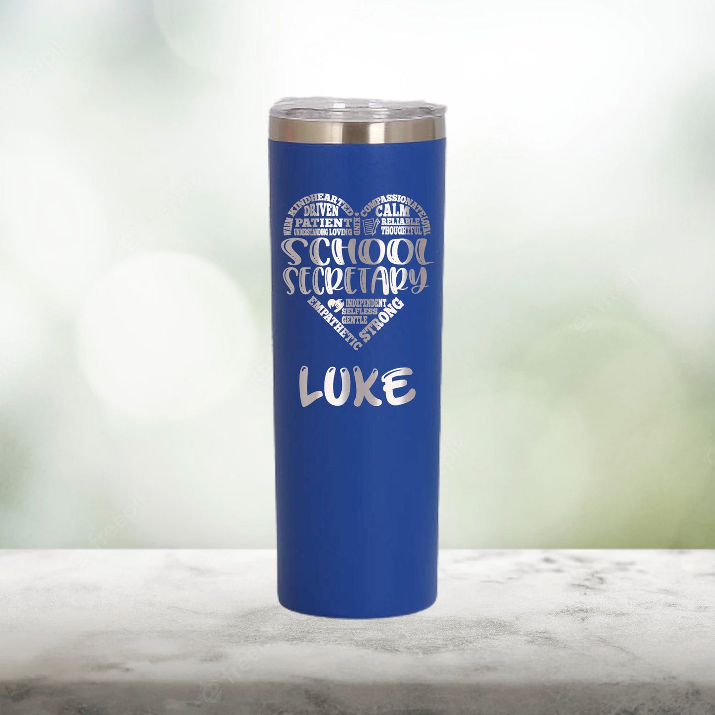 Personalized School Secretary Heart Skinny Tumbler - Laser Engraved