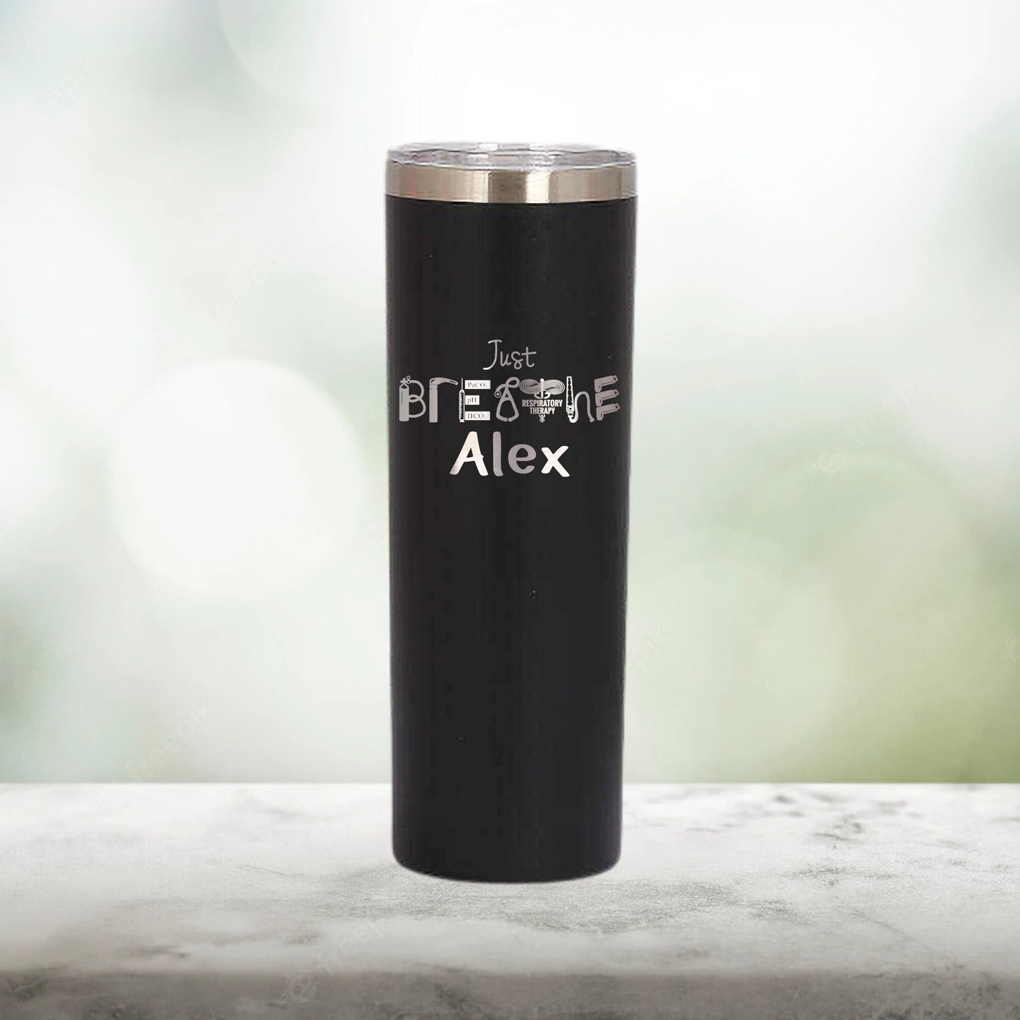 Personalized Just Breathe Respiratory Therapist Skinny Tumbler - Laser Engraved