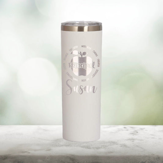 Personalized Principal with Apple Characteristics Skinny Tumbler - Laser Engraved