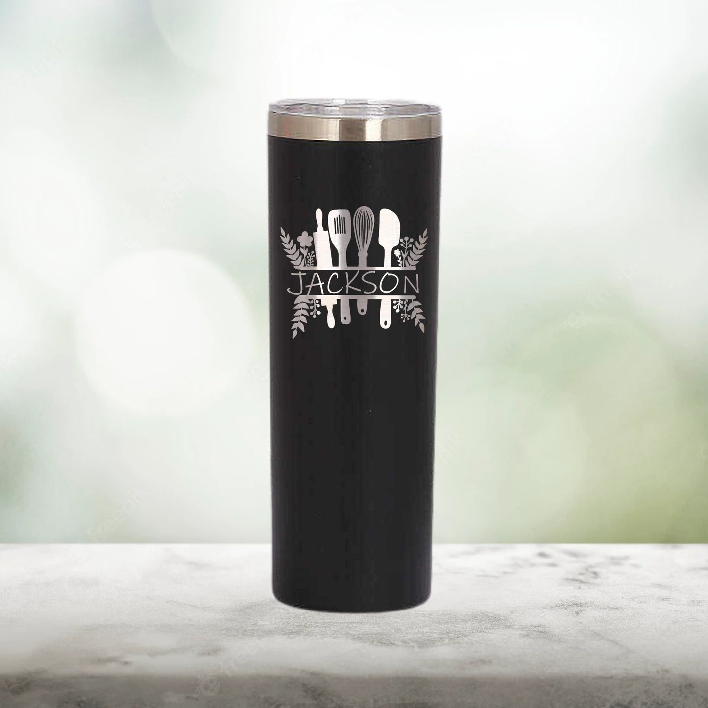 Personalized Chef Kitchen Utensils Monogram Skinny Tumbler - Laser Engraved