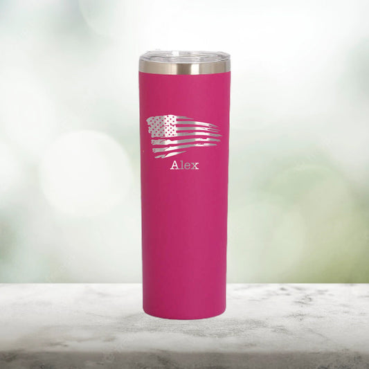 Personalized American Flag Heart Skinny Tumbler - Laser Engraved