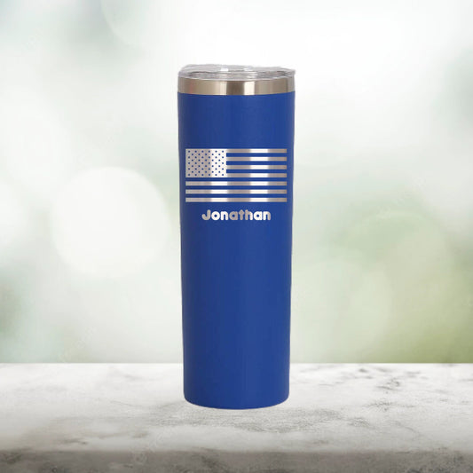 Personalized American Flag Skinny Tumbler - Laser Engraved