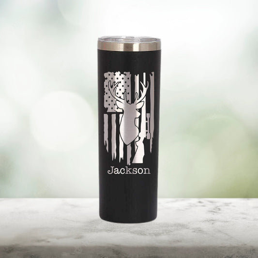 Personalized American Flag Hunter Skinny Tumbler - Laser Engraved