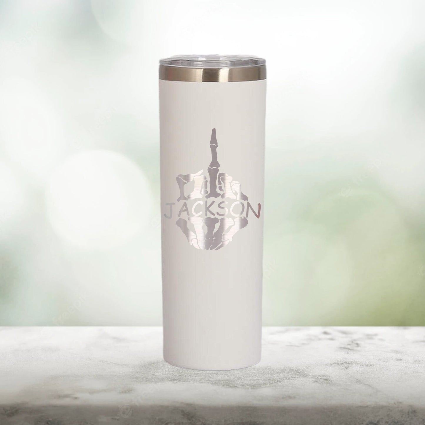 Personalized Skeleton Middle Finger Skinny Tumbler - Laser Engraved