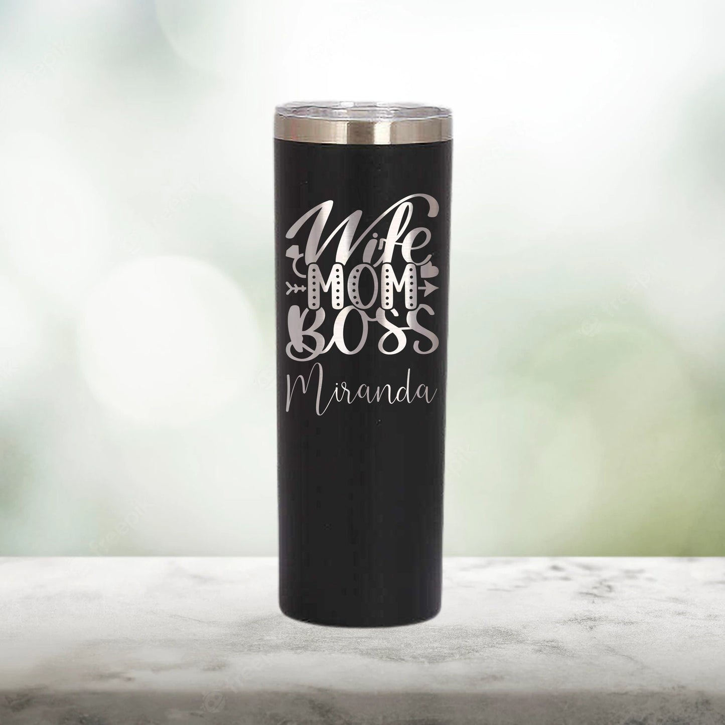 Personalized Wife Mom Boss Skinny Tumbler - Laser Engraved