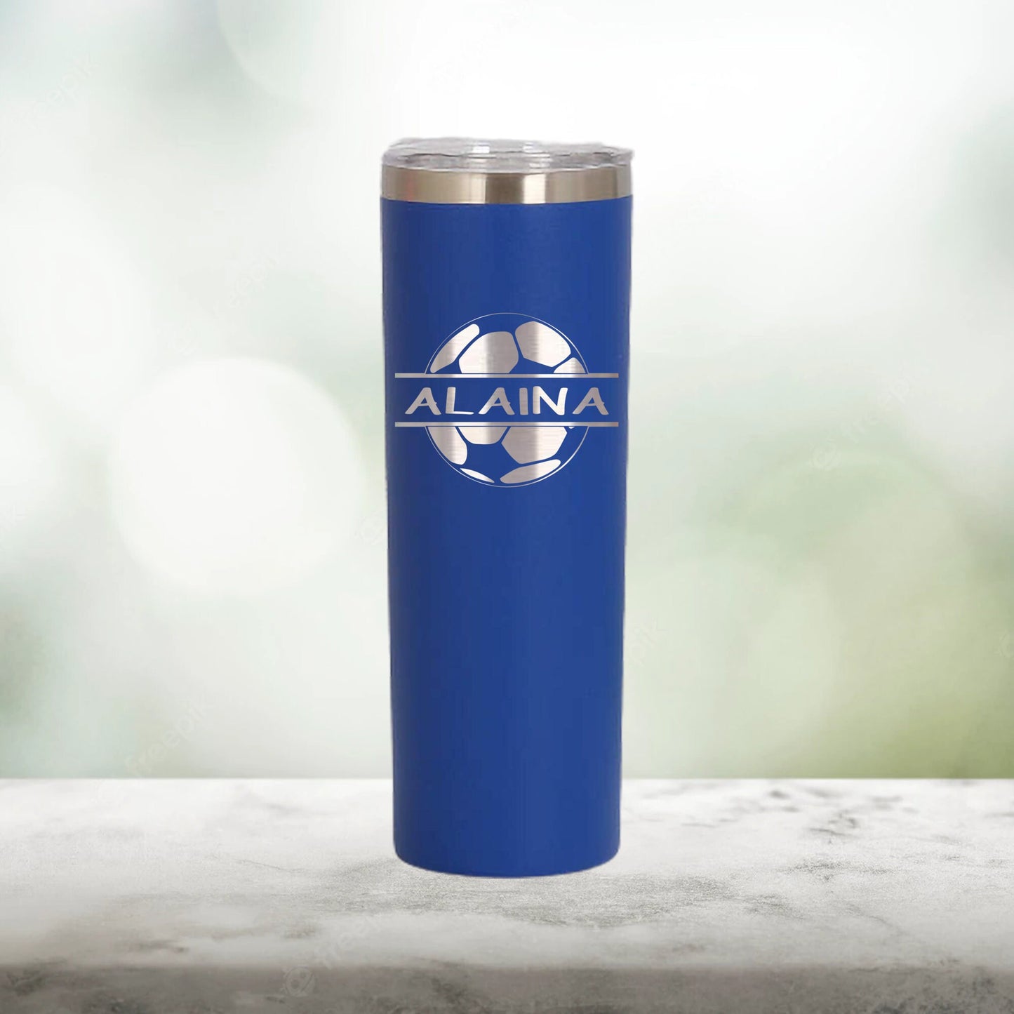 Personalized Soccer Split Monogram Skinny Tumbler - Laser Engraved