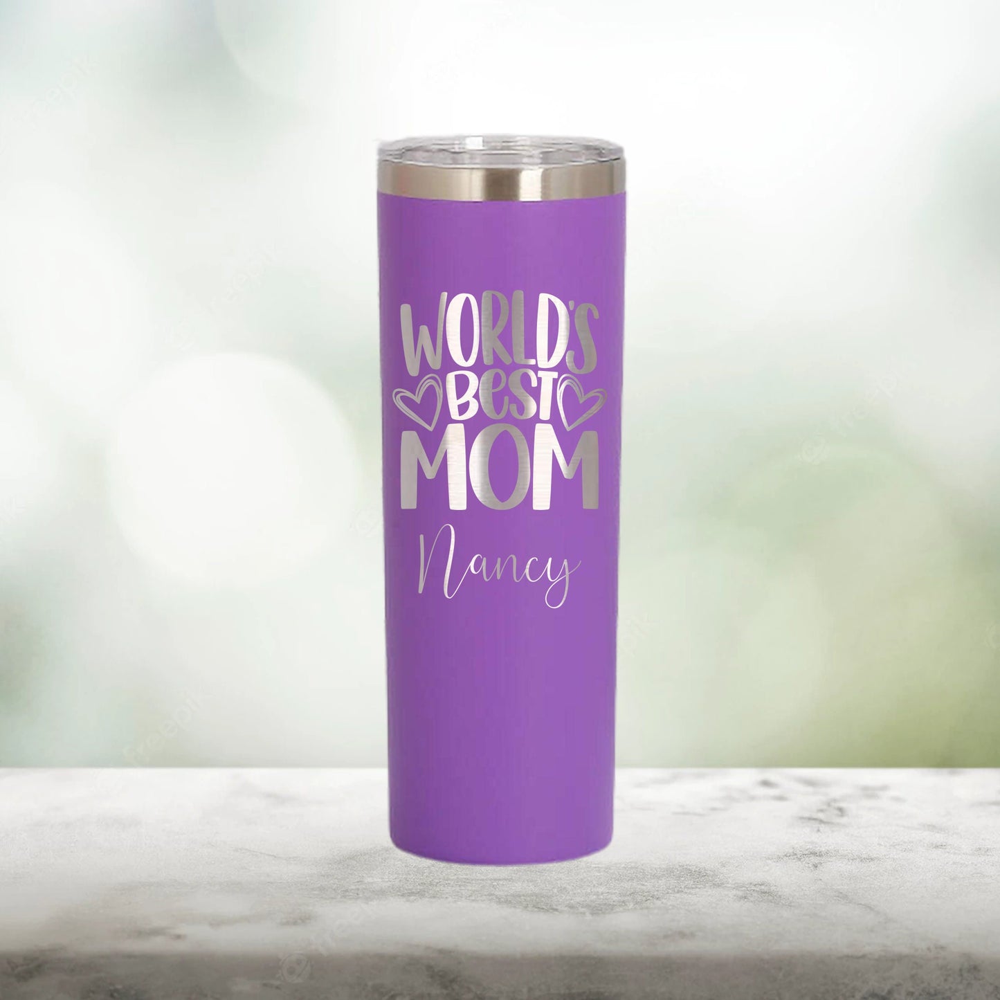 Personalized World's Best Mom Skinny Tumbler - Laser Engraved