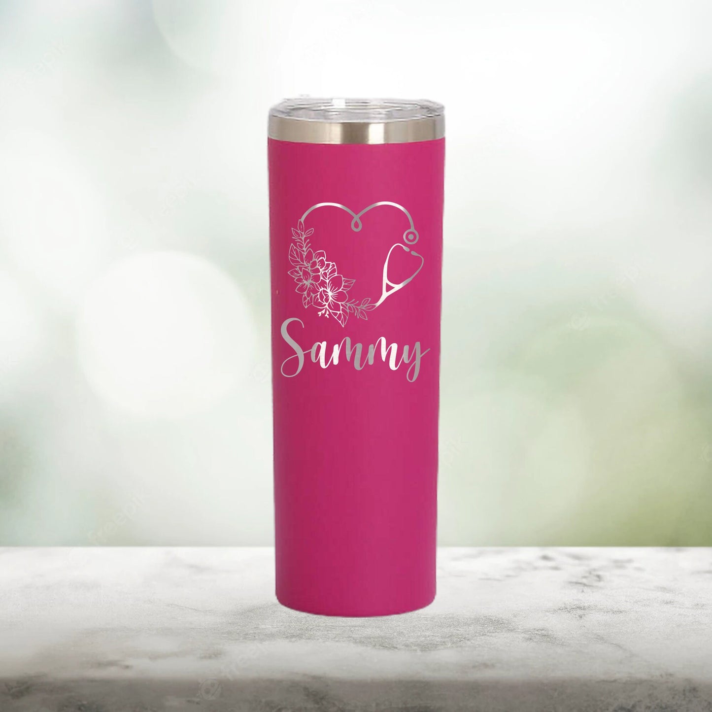 Personalized Floral Stethoscope Heart Nurse Skinny Tumbler - Laser Engraved