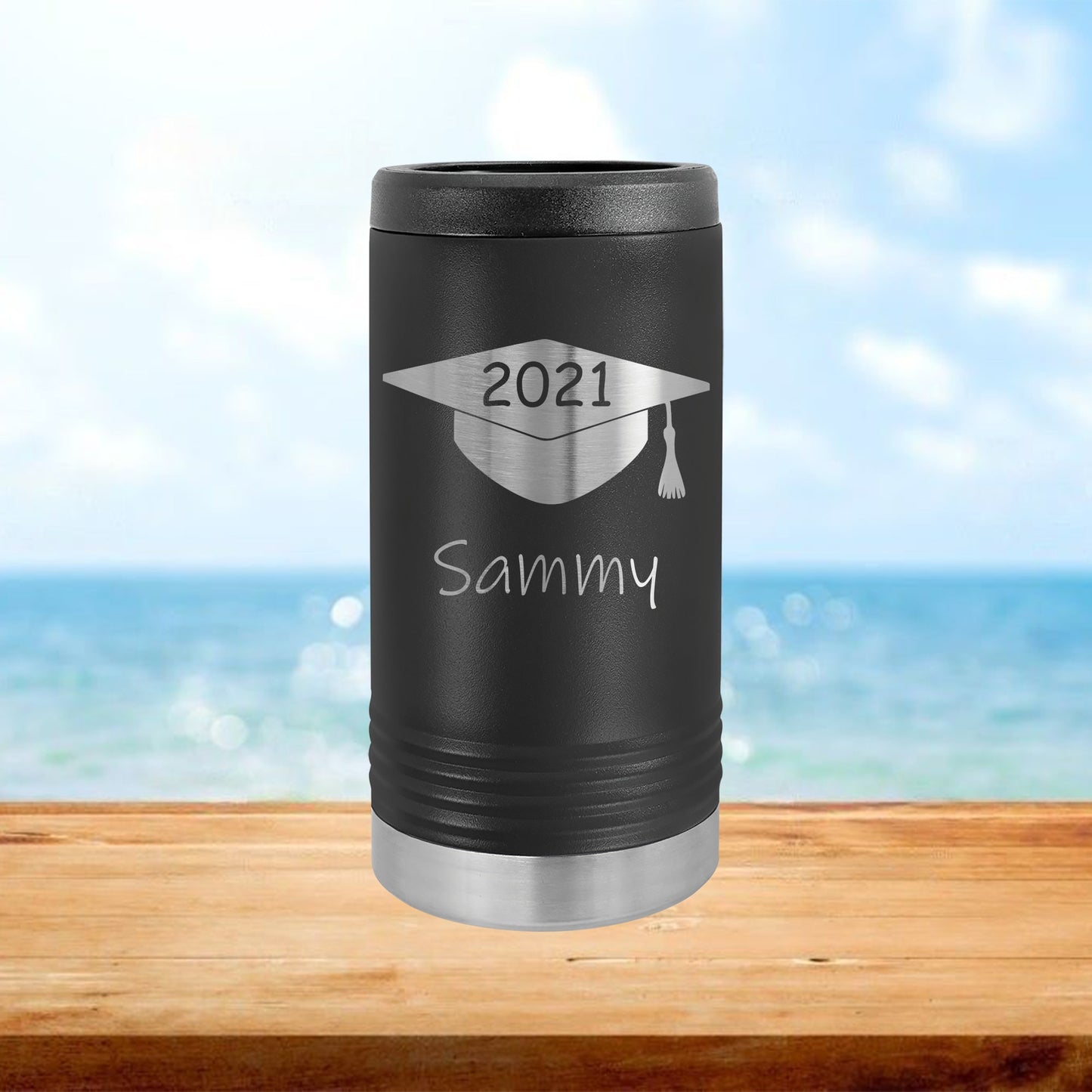 Personalized Graduation Cap Skinny Can Cooler - Laser Engraved