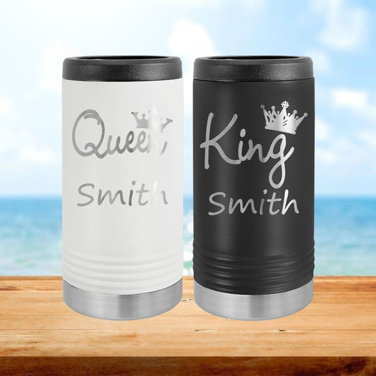 Personalized King and Queen Skinny Can Cooler - Laser Engraved