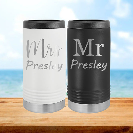 Personalized Mr. and Mrs. Skinny Can Cooler - Laser Engraved