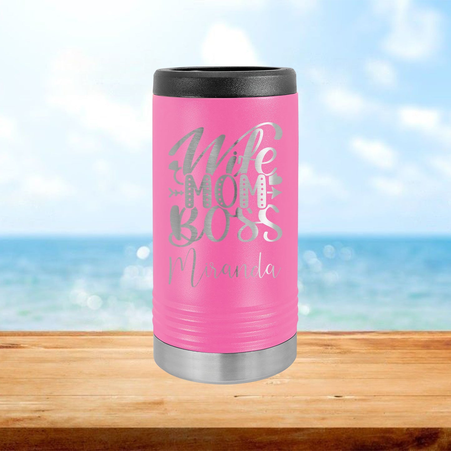 Personalized Wife Mom Boss Skinny Can Cooler - Laser Engraved