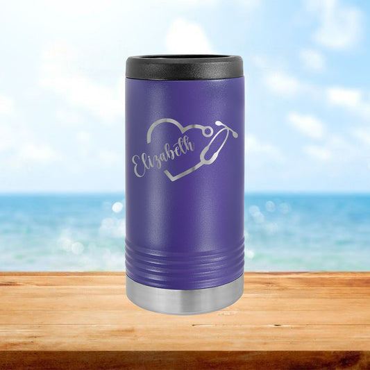 Personalized Split Stethoscope Heart Nurse Monogram Skinny Can Cooler - Laser Engraved