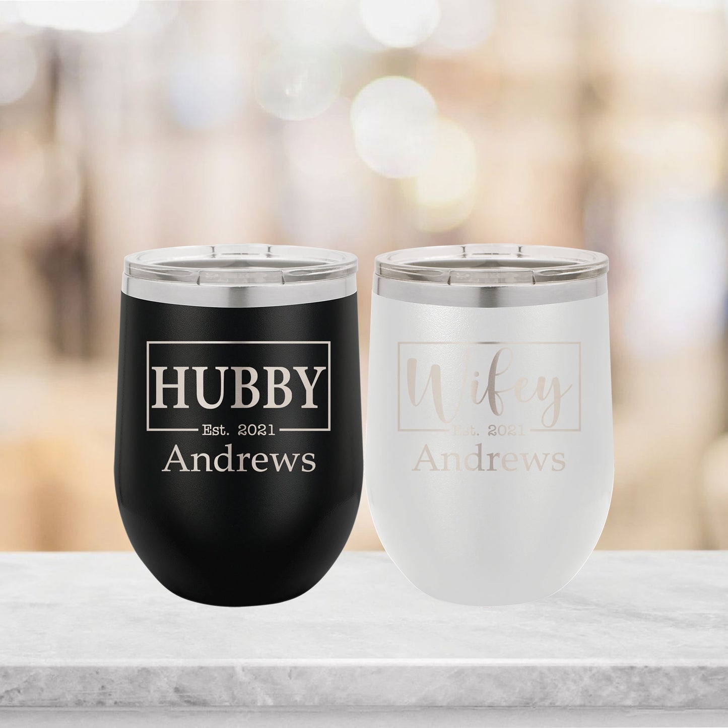 Personalized Hubby and Wifey Wine Tumbler - Laser Engraved