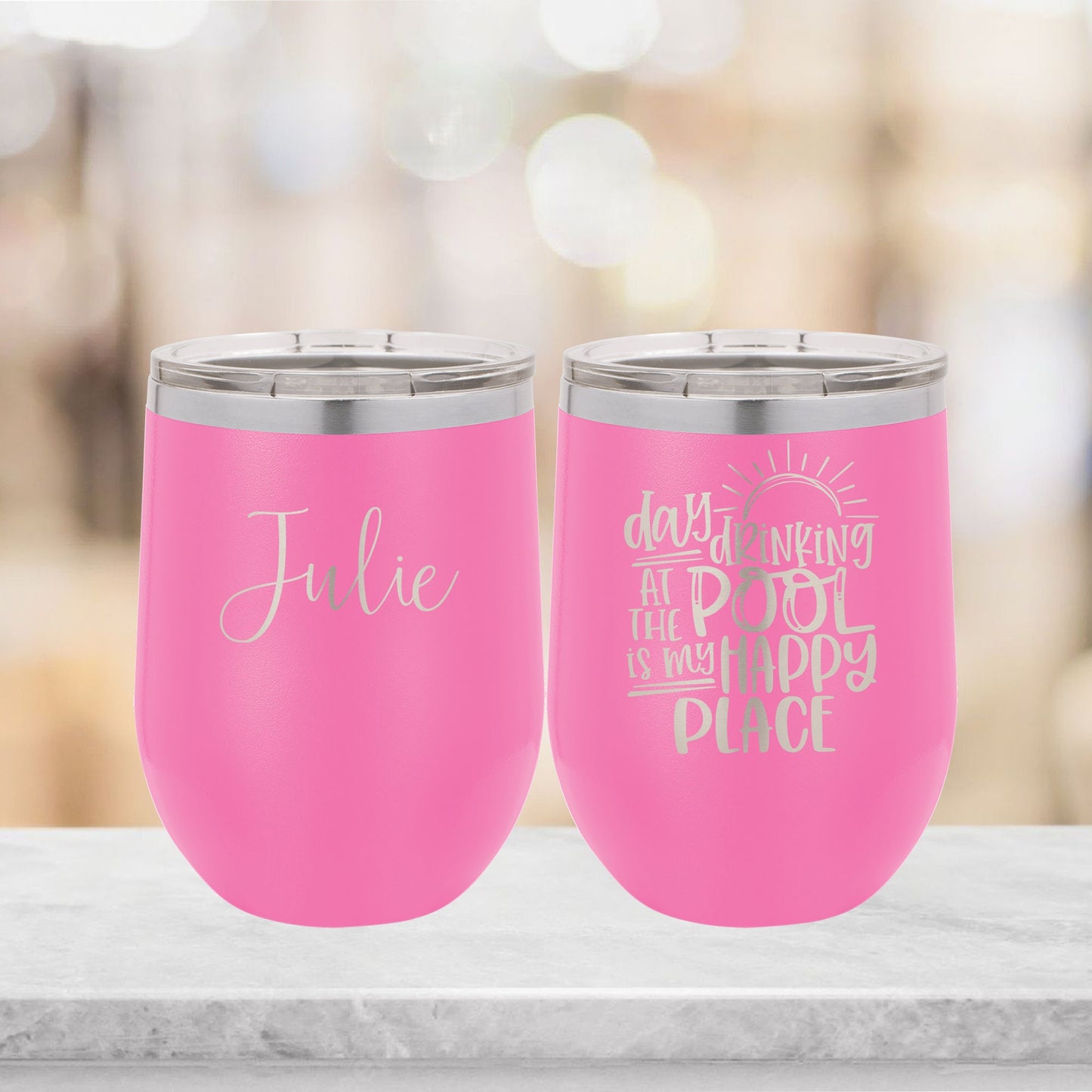 Personalized Day Drinking in the Pool is my Happy Place Wine Tumbler - Laser Engraved