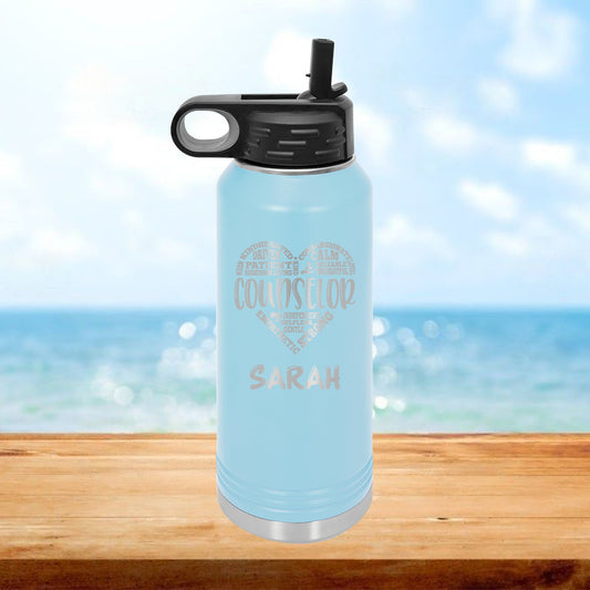 Personalized Counselor Heart Water Bottle - Laser Engraved