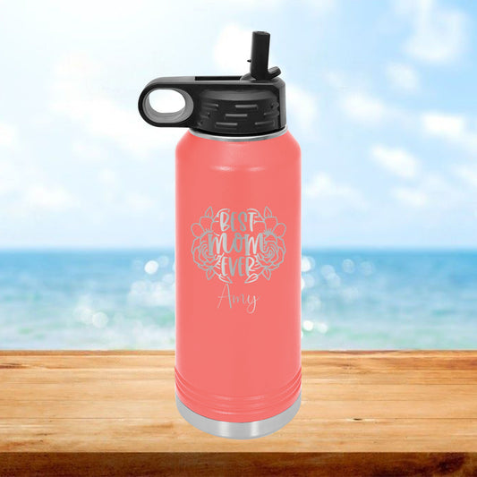 Personalized Floral Best Mom Ever Water Bottle - Laser Engraved