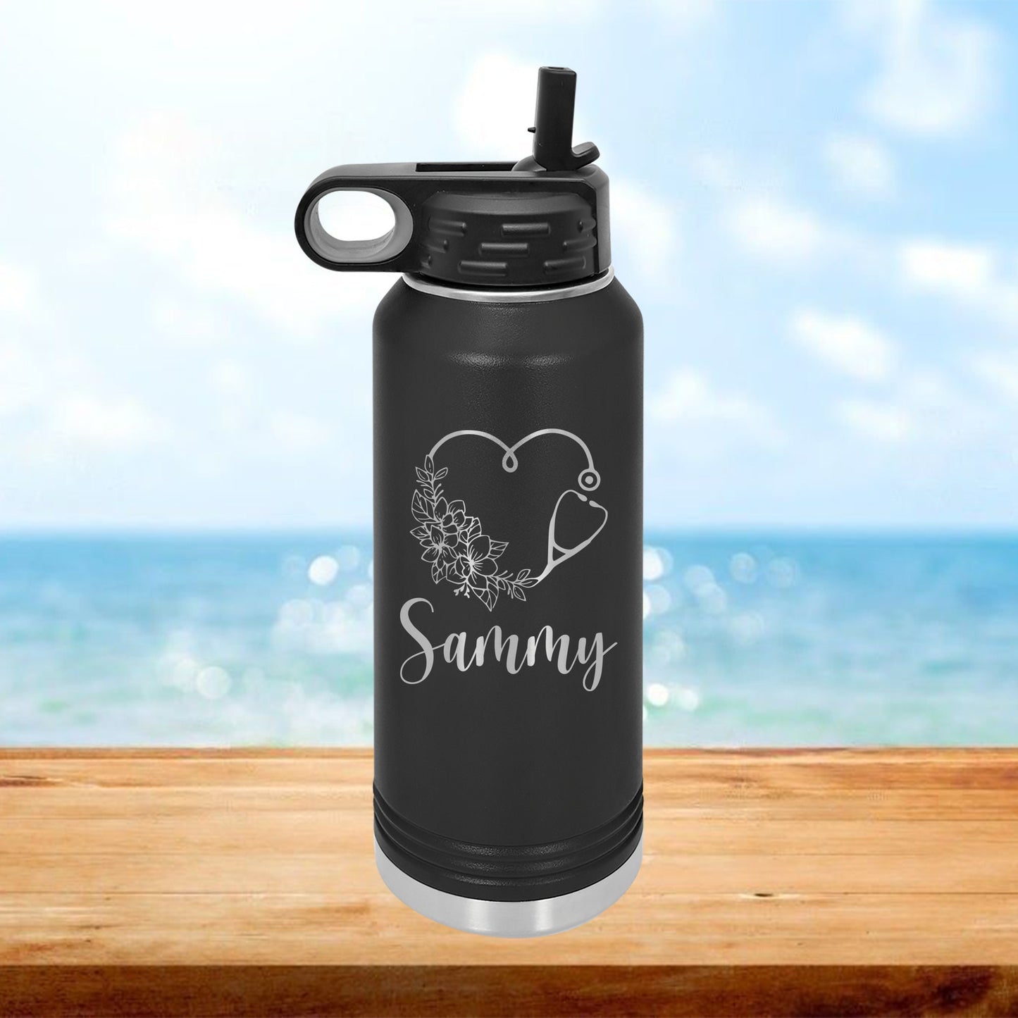 Personalized Floral Stethoscope Heart Water Bottle - Laser Engraved