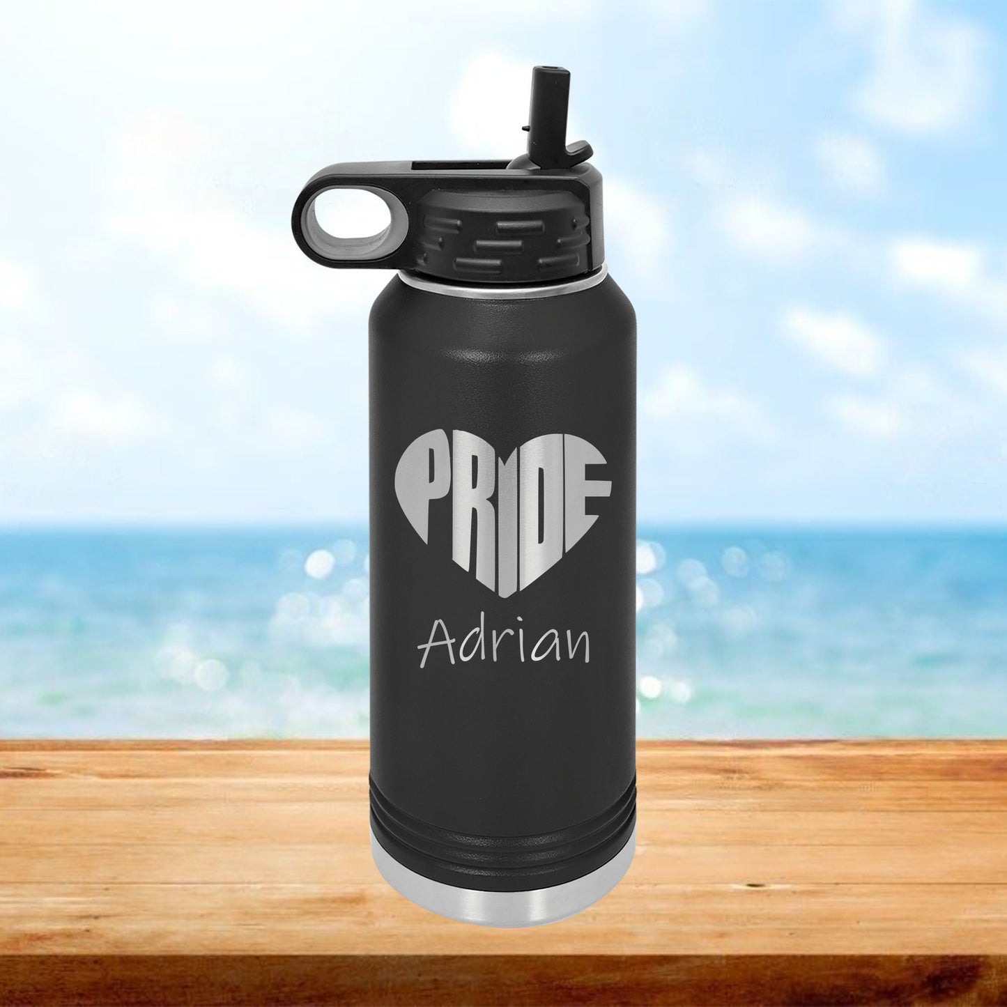 Personalized Pride Heart Water Bottle - Laser Engraved