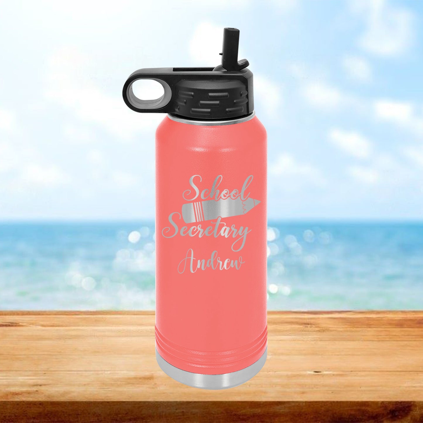 Personalized School Secretary Pencil Water Bottle - Laser Engraved