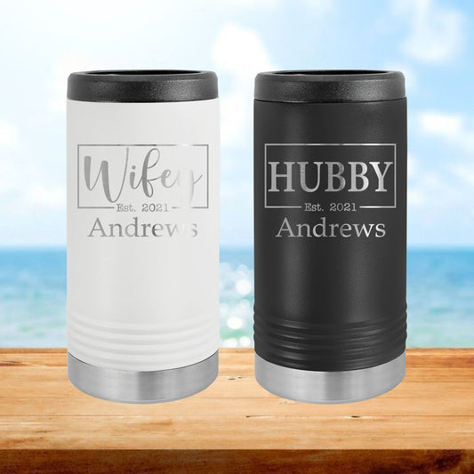 Personalized Hubby and Wifey Skinny Can Cooler - Laser Engraved