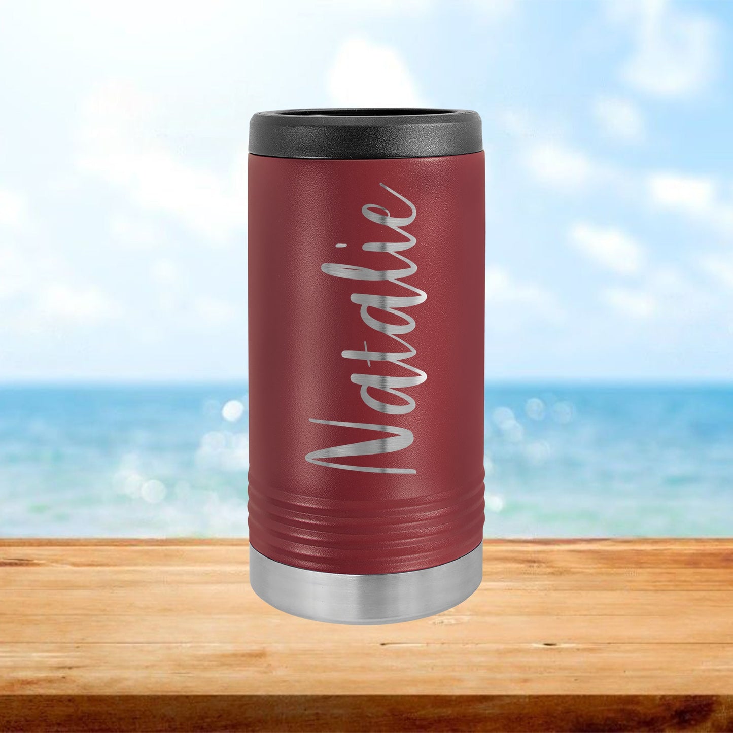 Personalized Vertical Name Skinny Can Cooler - Laser Engraved