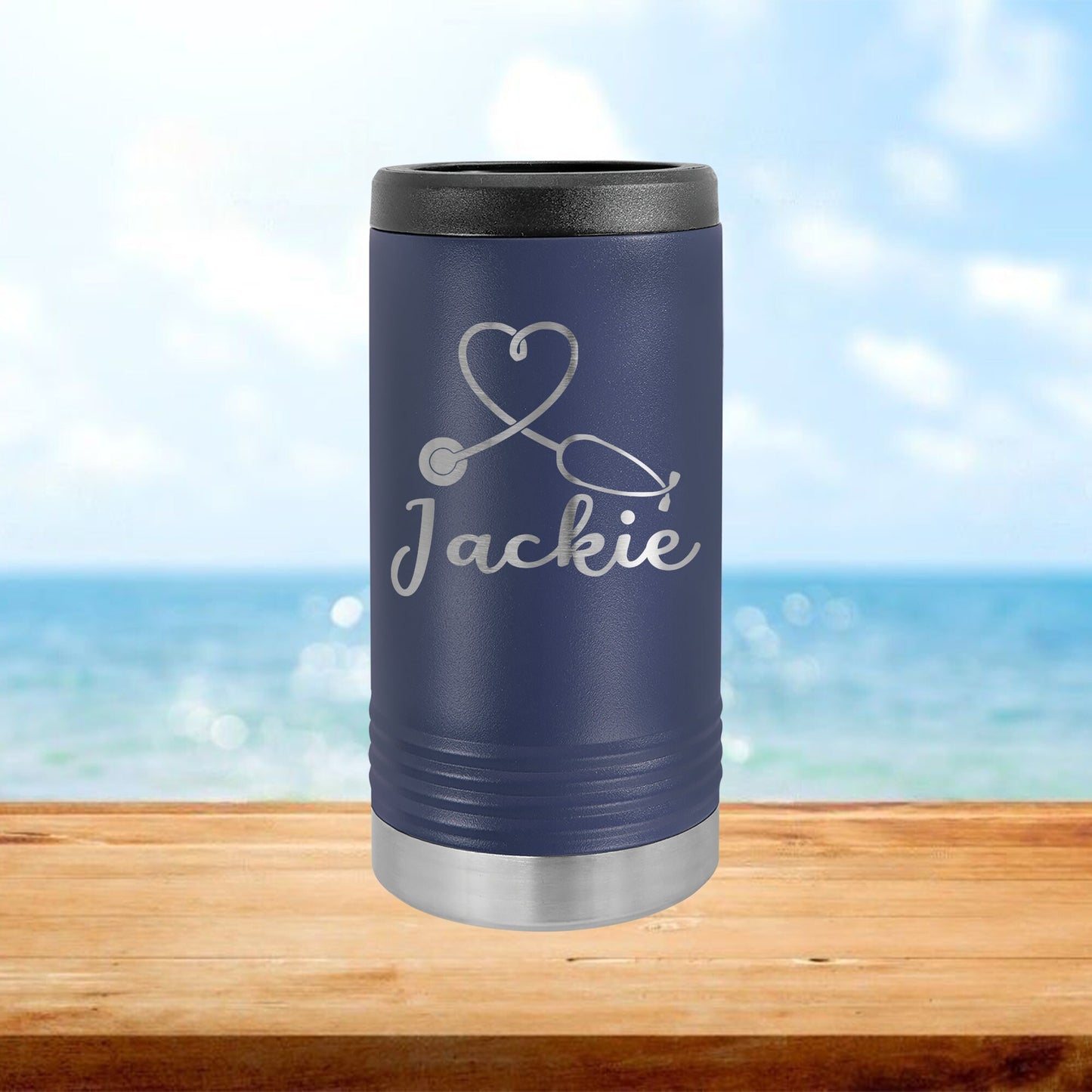 Personalized Nurse Stethoscope Heart Skinny Can Cooler - Laser Engraved