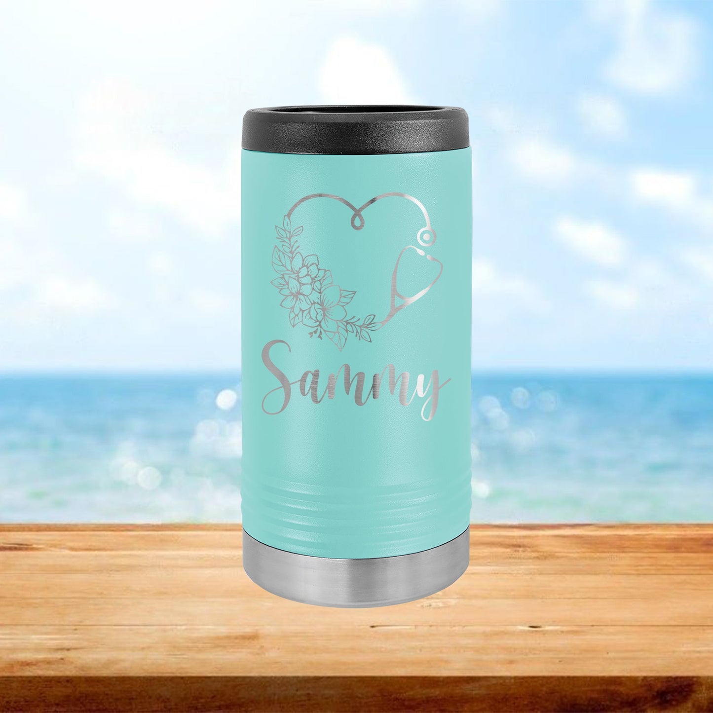 Personalized Floral Nurse Stethoscope Heart  Skinny Can Cooler - Laser Engraved